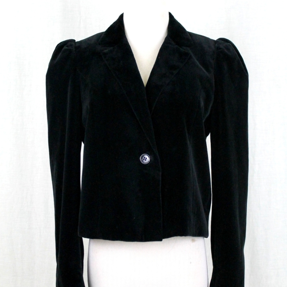 Vintage David Hayes Black Velvet Long Puff Sleeve Cropped Jacket Size 8 S/M